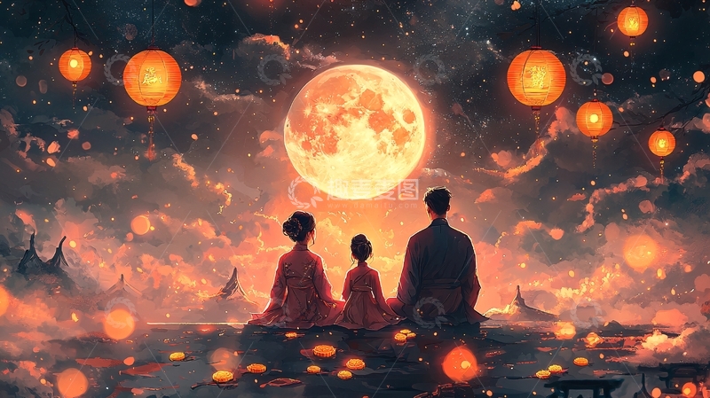 梦幻星空下三口之家