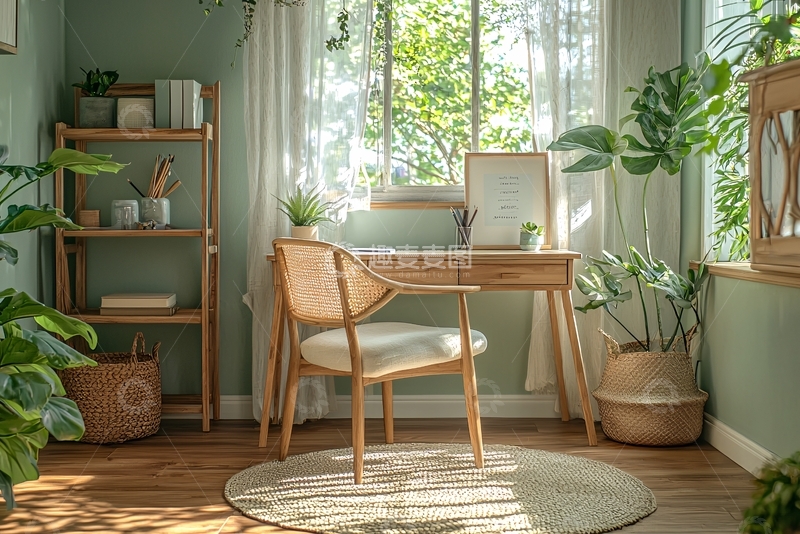高清大图下载【趣麦麦图】绿植环绕的木质书桌
