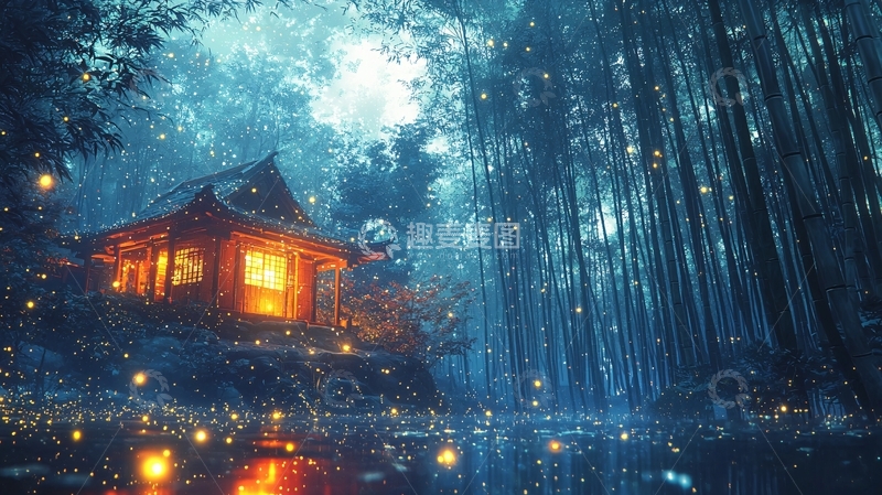 高清大图下载【趣麦麦图】月光下的竹林小屋