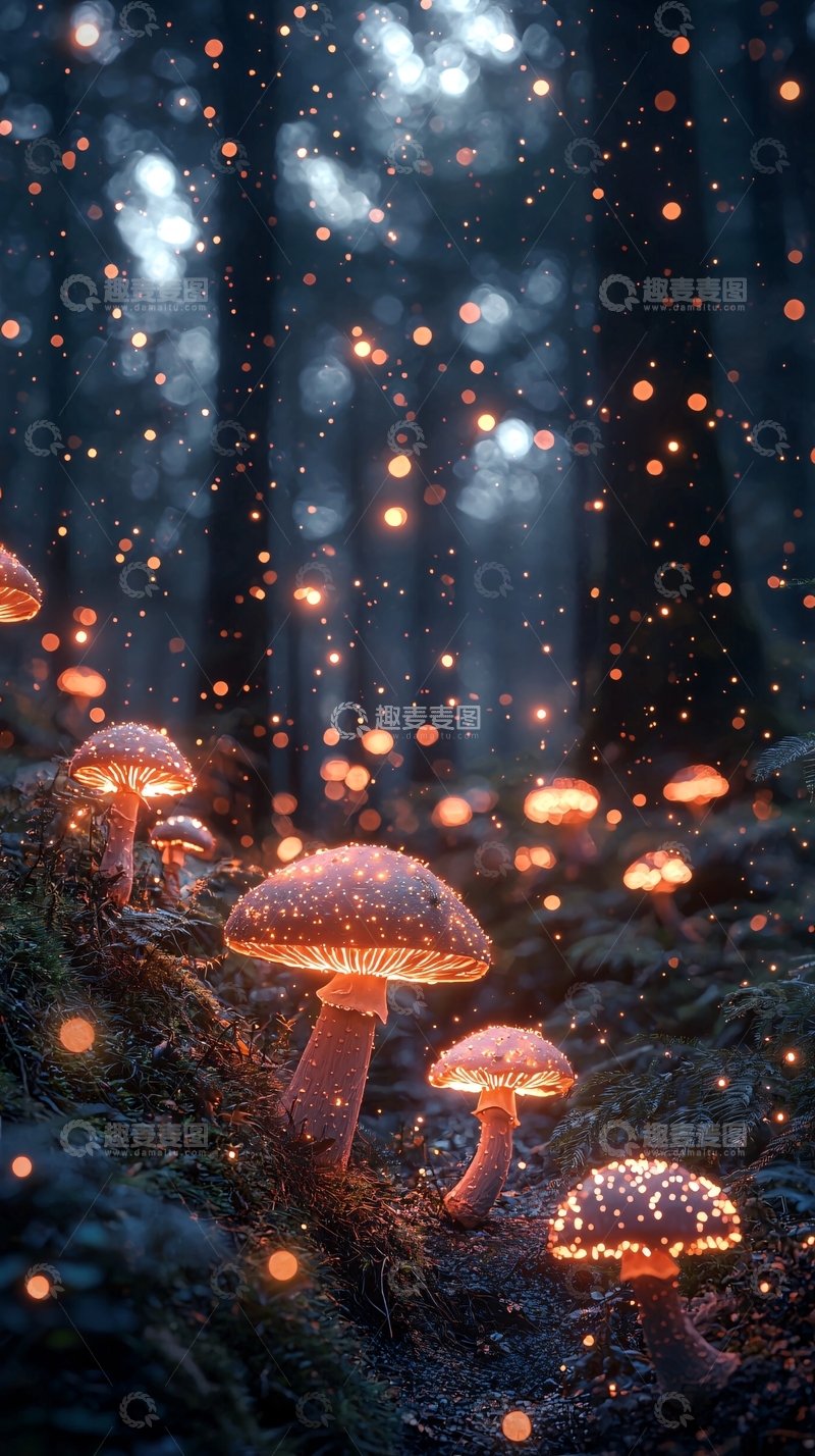 高清大图下载【趣麦麦图】梦幻森林发光蘑菇