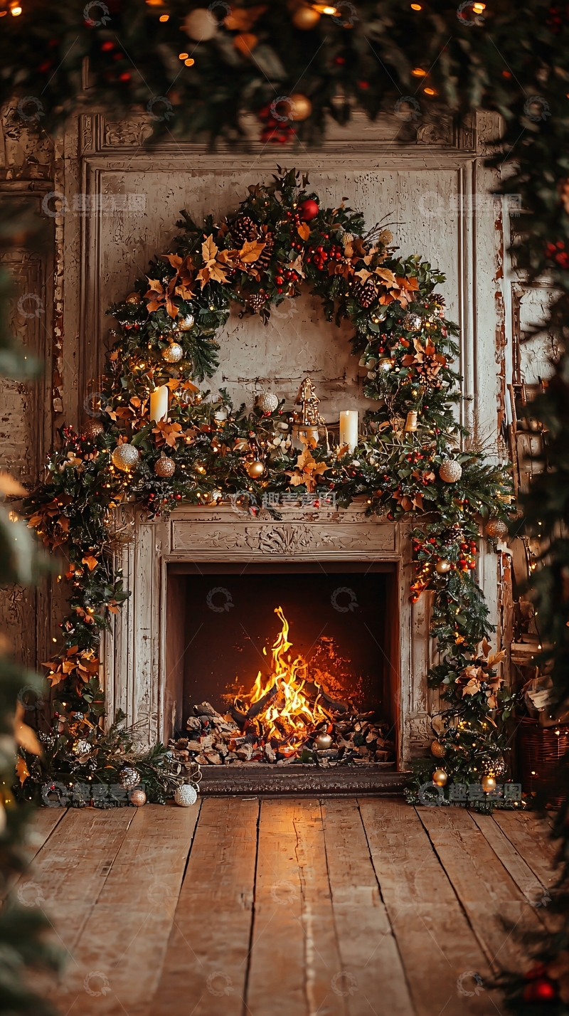 高清大图下载【趣麦麦图】圣诞节壁炉装饰