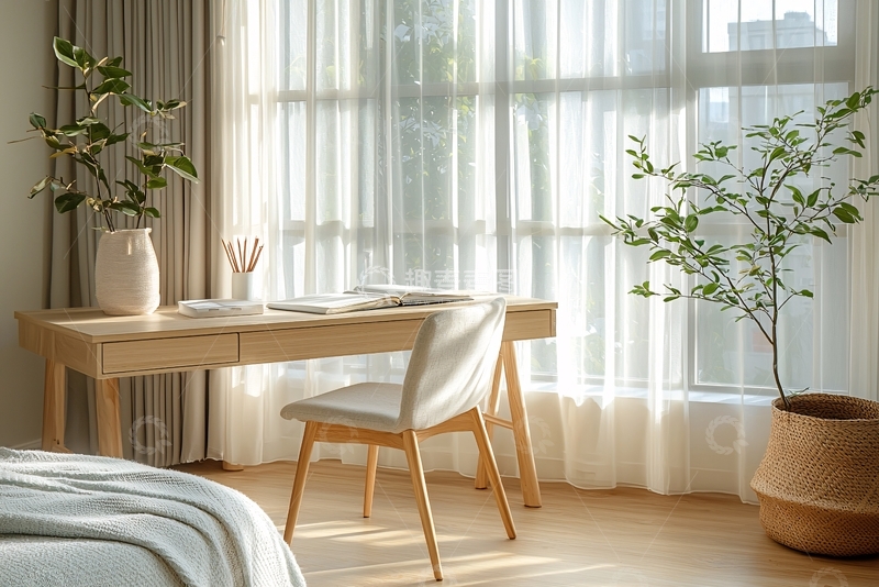 高清大图下载【趣麦麦图】阳光洒满窗台的简约书房