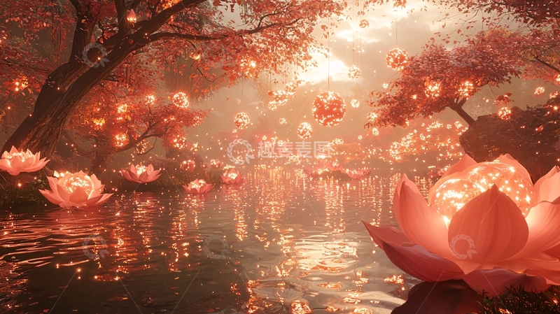 高清大图下载【趣麦麦图】梦幻般发光莲花森林