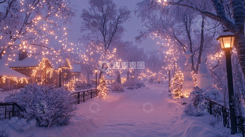 高清大图下载【趣麦麦图】冬夜雪景浪漫街道灯光