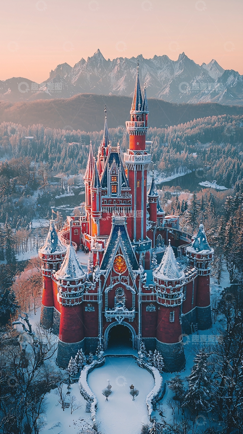 高清大图下载【趣麦麦图】童话般雪景中的红色城堡