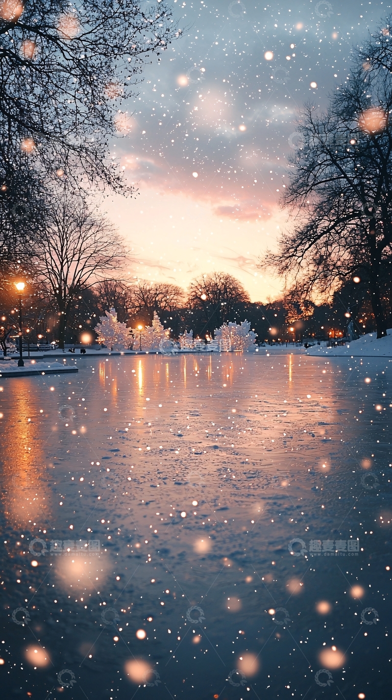 高清大图下载【趣麦麦图】冬日落日雪景公园