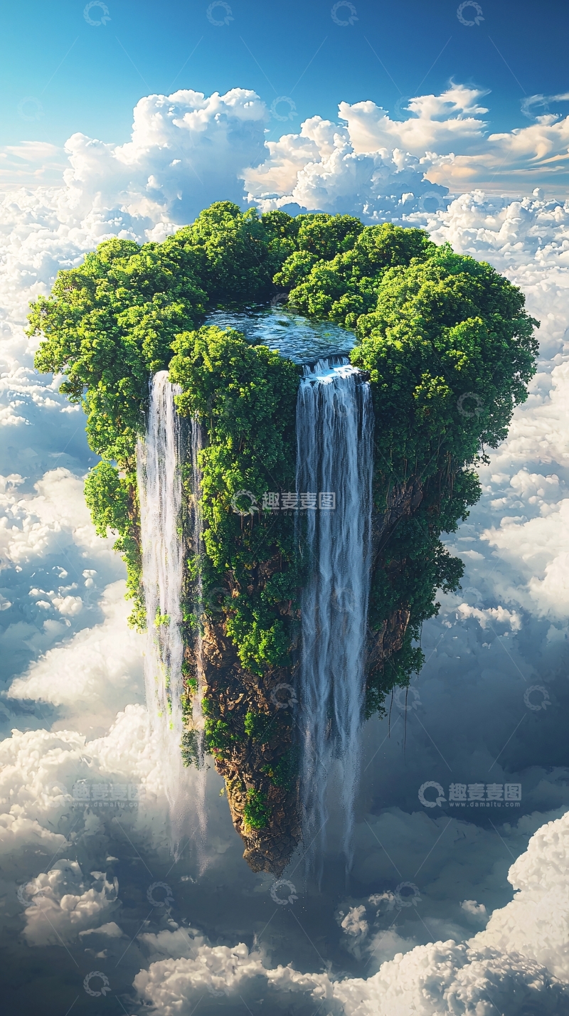高清大图下载【趣麦麦图】云端瀑布岛屿