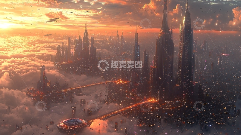 高清大图下载【趣麦麦图】云海之上的未来都市