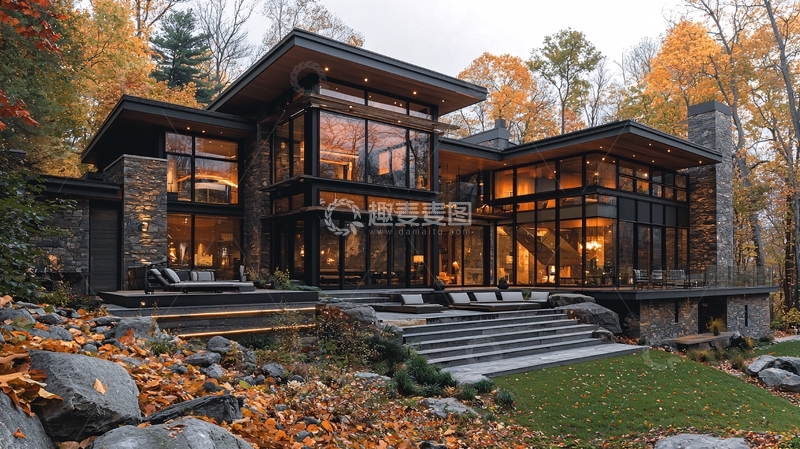 高清大图下载【趣麦麦图】秋日森林中的现代化别墅