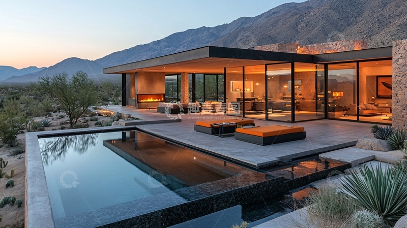 高清大图下载【趣麦麦图】现代泳池别墅夜景