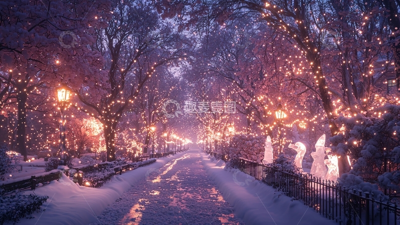 高清大图下载【趣麦麦图】冬夜雪景街道灯光
