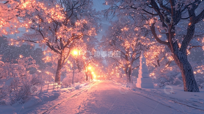 高清大图下载【趣麦麦图】冬日雪景街道灯光