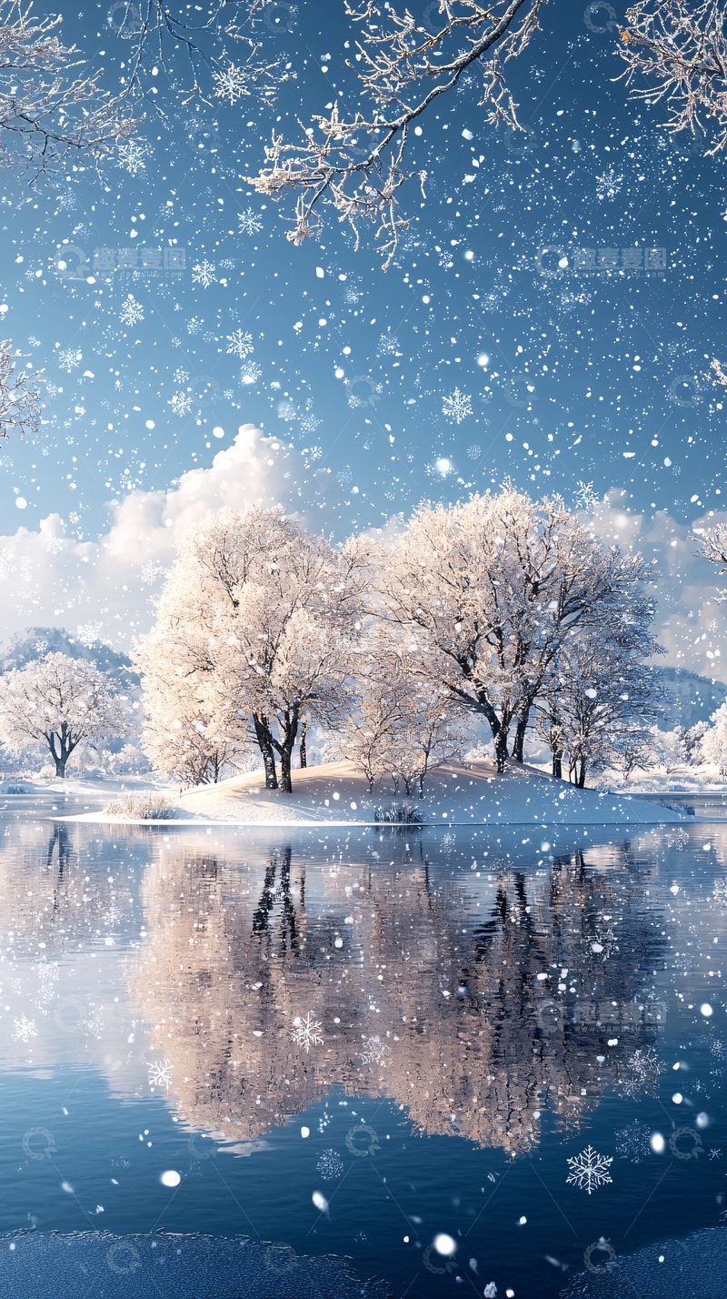高清大图下载【趣麦麦图】冬日雪景湖边树木倒影