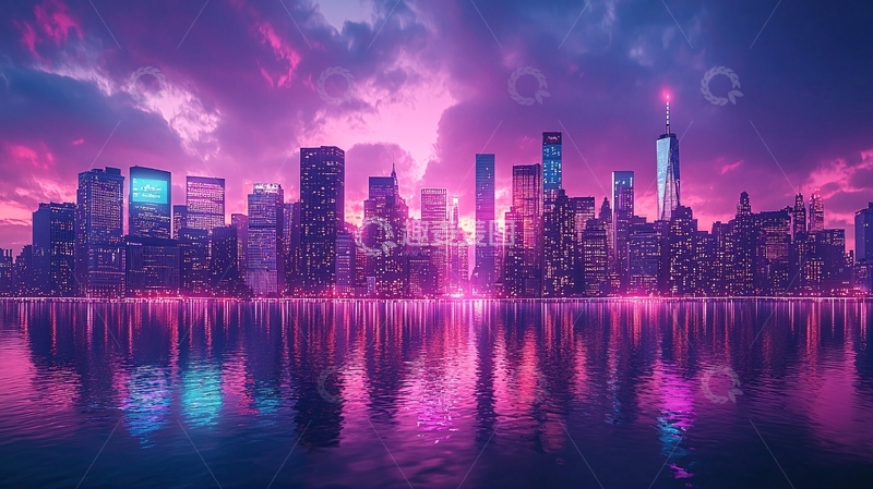 高清大图下载【趣麦麦图】梦幻紫粉色城市夜景