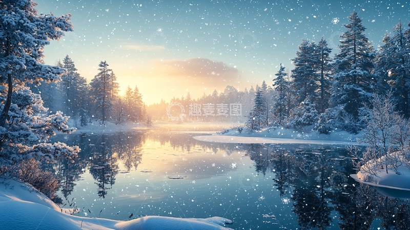 高清大图下载【趣麦麦图】冬日雪景清晨湖泊