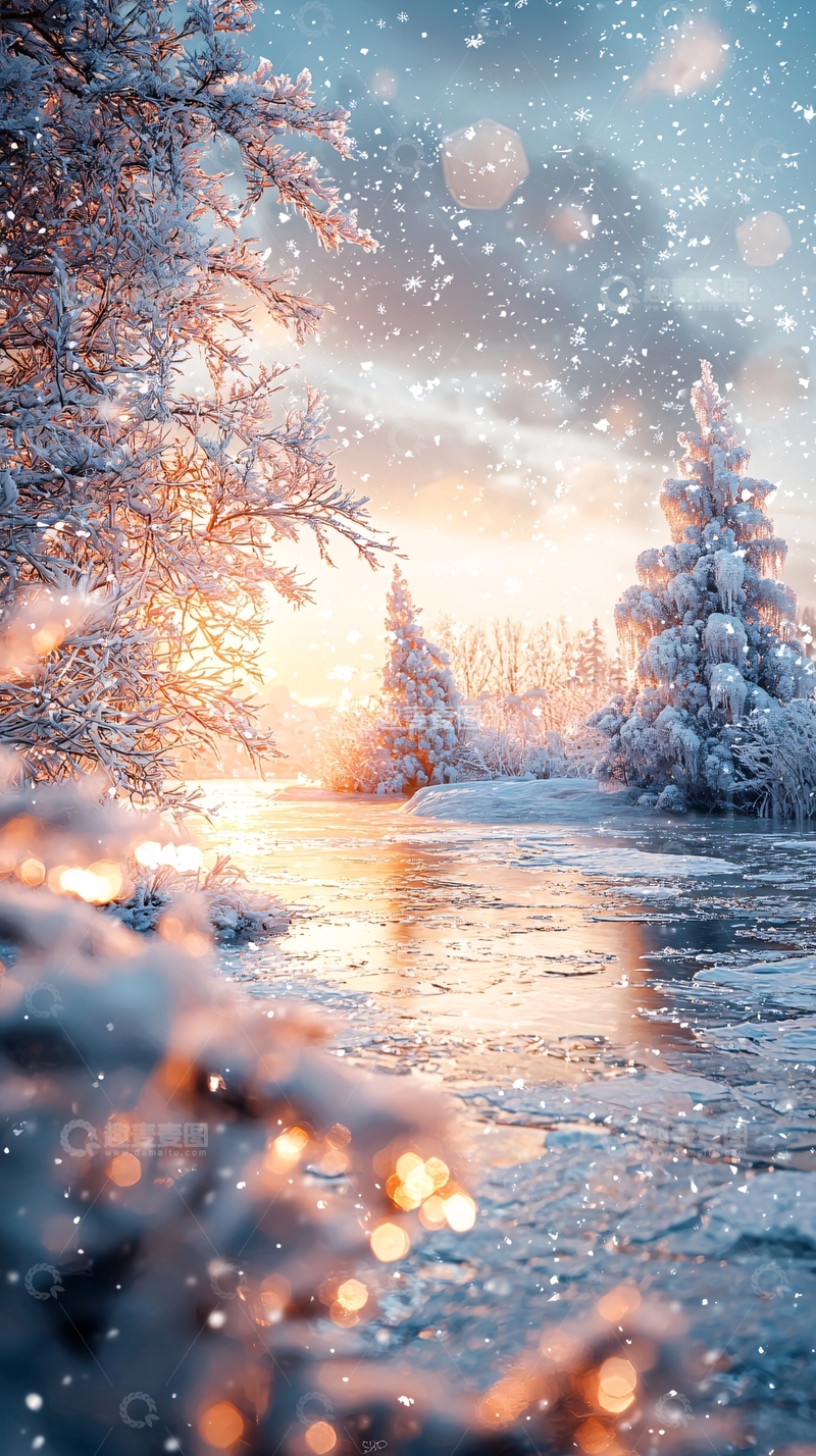 高清大图下载【趣麦麦图】冬日雪景暖阳下的河流