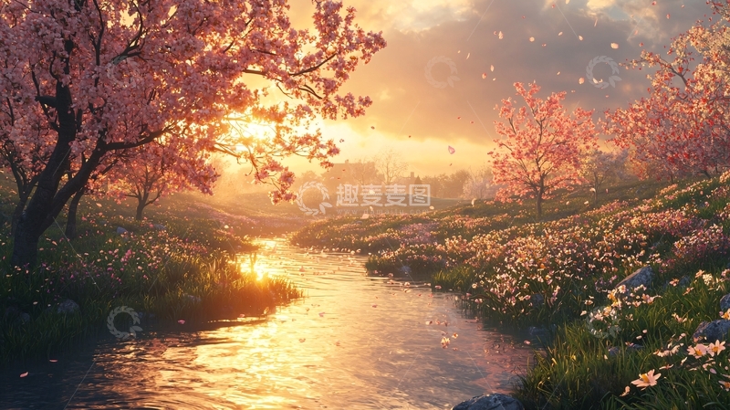 高清大图下载【趣麦麦图】夕阳下粉红色樱花树溪流