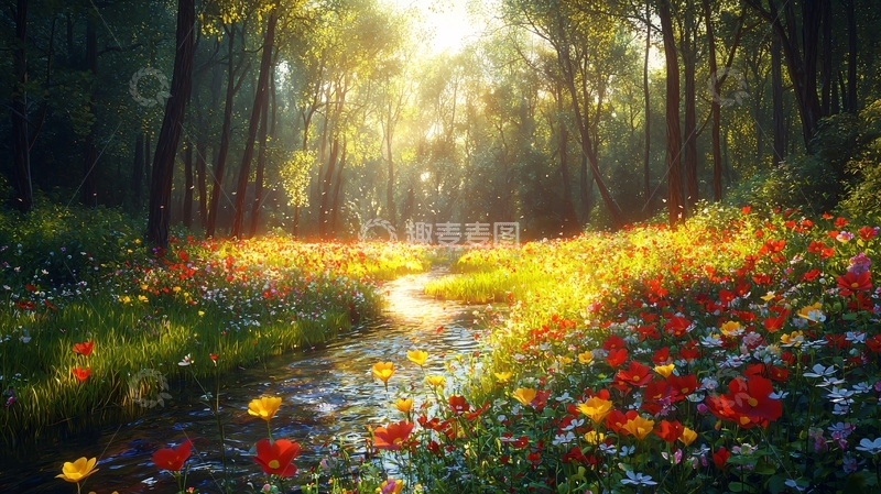 高清大图下载【趣麦麦图】阳光森林小溪花海
