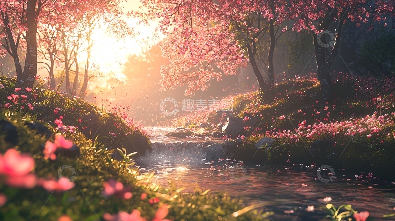 高清大图下载【趣麦麦图】樱花树下溪流阳光