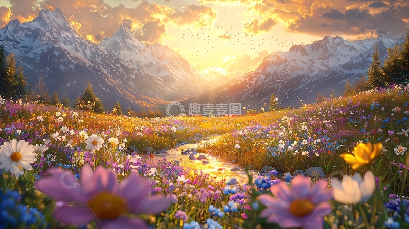 高清大图下载【趣麦麦图】日出雪山花海田园