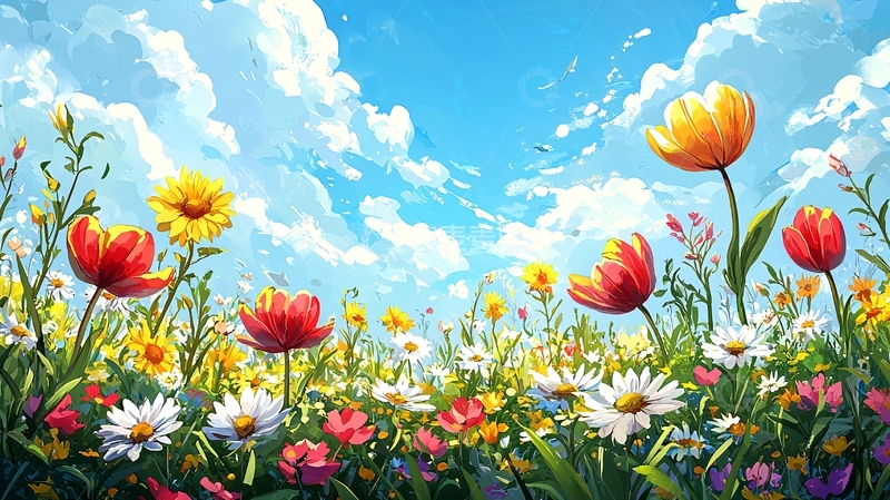 高清大图下载【趣麦麦图】蓝天白云下的花海