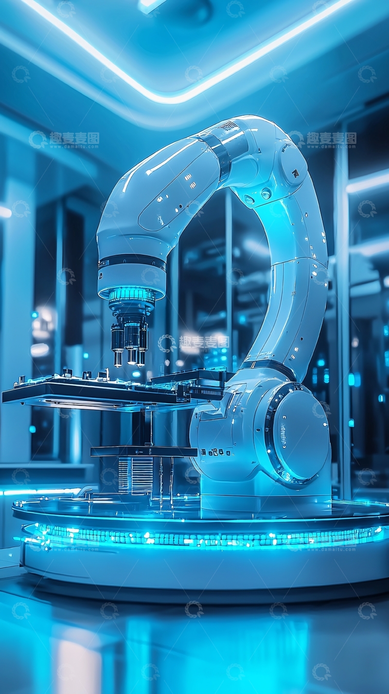 高清大图下载【趣麦麦图】蓝色灯光下的工业机器人