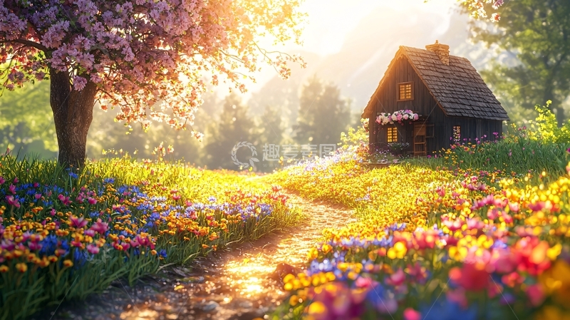 高清大图下载【趣麦麦图】阳光下的春天小屋