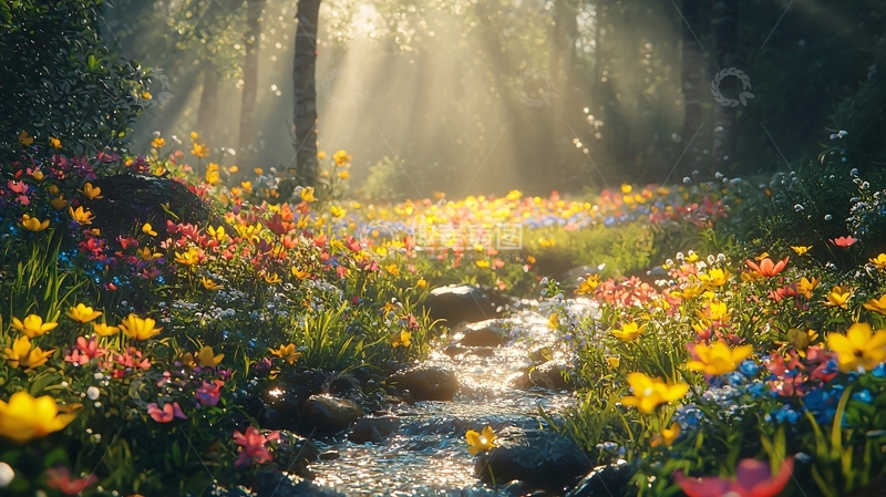 高清大图下载【趣麦麦图】阳光森林溪流鲜花