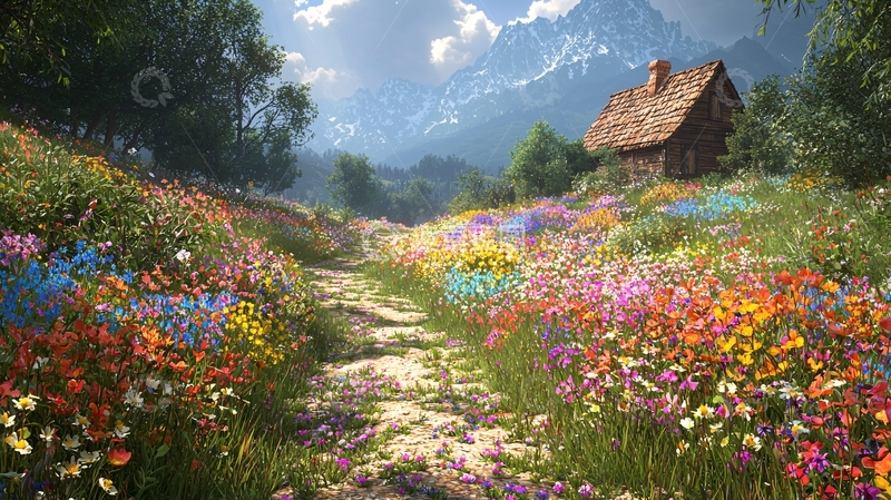 高清大图下载【趣麦麦图】山间小屋鲜花盛开的田园