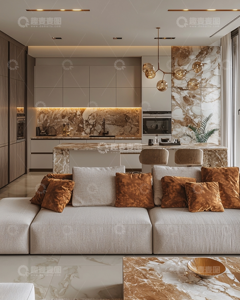 高清大图下载【趣麦麦图】现代轻奢开放式厨房客厅