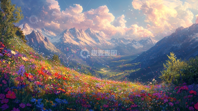 高清大图下载【趣麦麦图】山峦花海日出美景