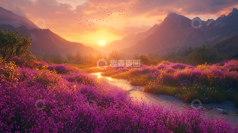 高清大图下载【趣麦麦图】日出山川紫花溪流