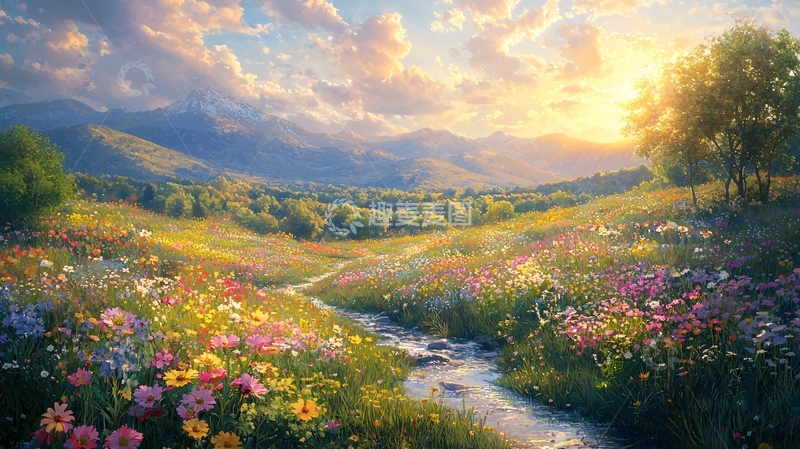 高清大图下载【趣麦麦图】鲜花盛开的山谷日出