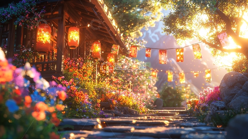 高清大图下载【趣麦麦图】小径两旁花团锦簇的房屋