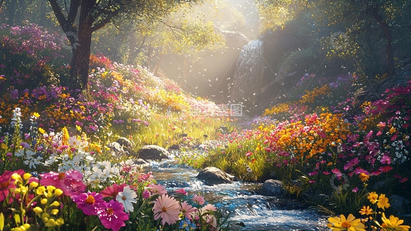 高清大图下载【趣麦麦图】阳光森林溪流花海