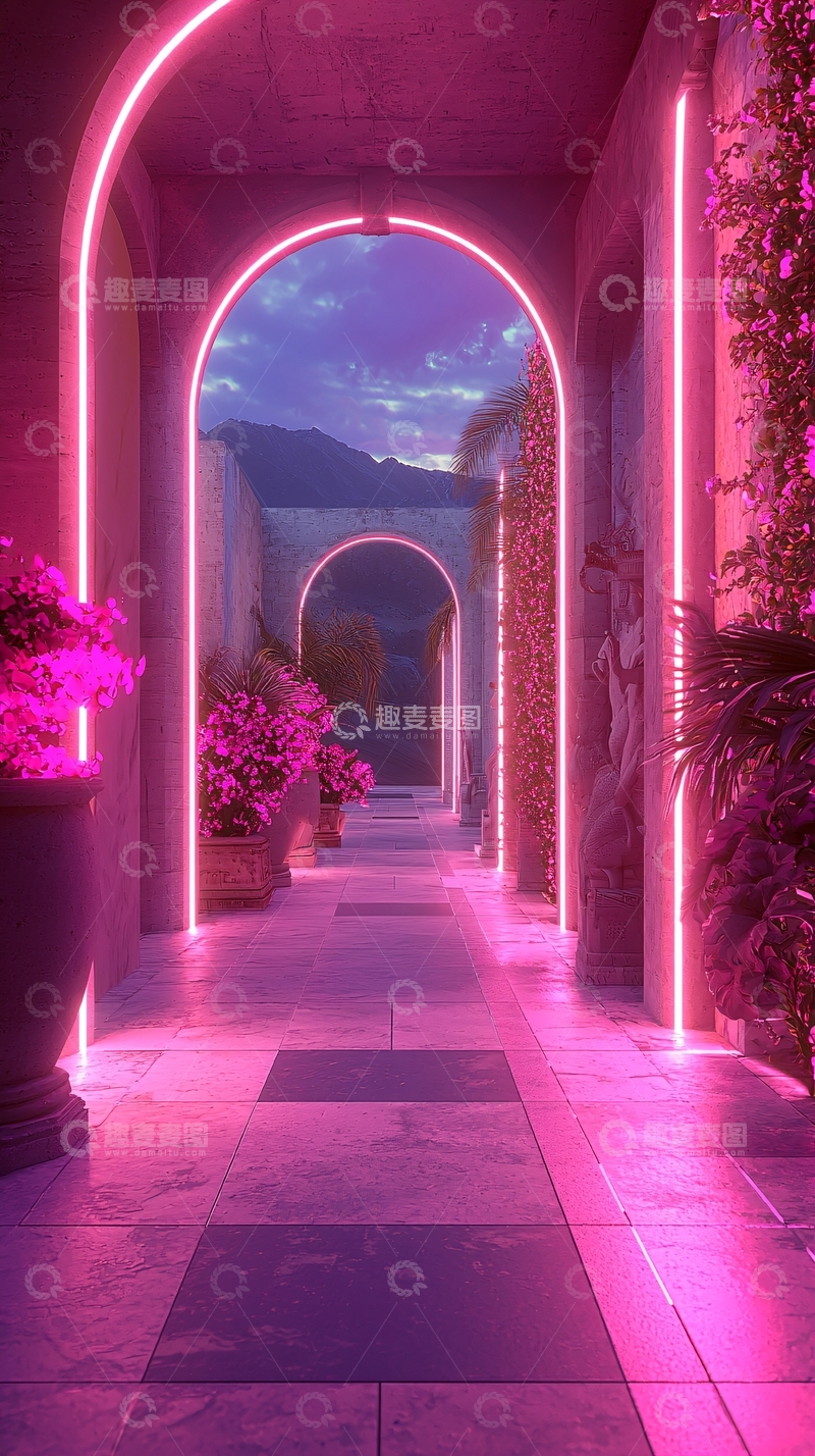 高清大图下载【趣麦麦图】粉色霓虹灯拱廊通道
