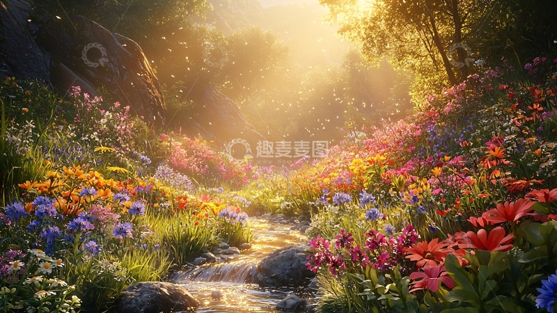 高清大图下载【趣麦麦图】阳光森林小溪花海