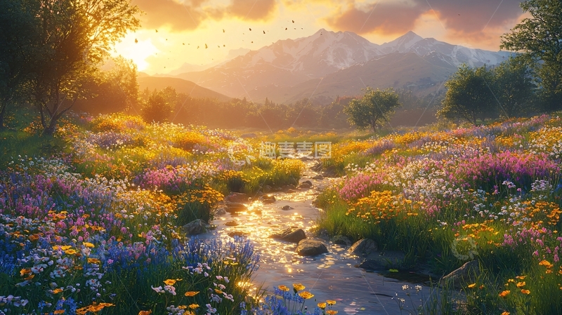 高清大图下载【趣麦麦图】日落山谷花海溪流