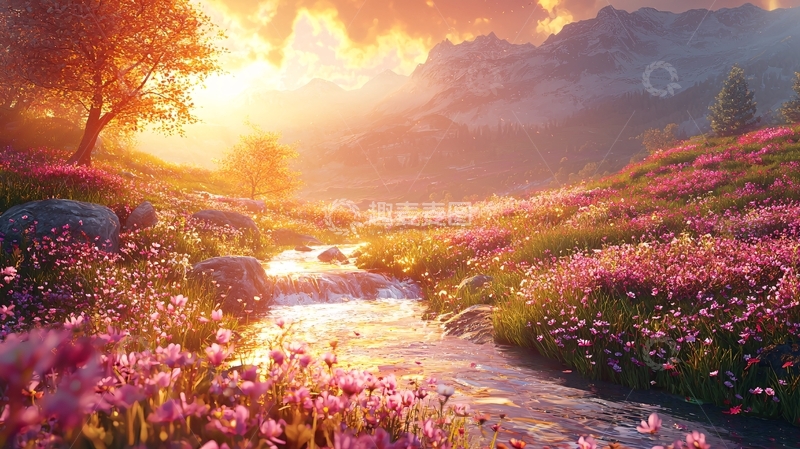 高清大图下载【趣麦麦图】日出山谷溪流花海