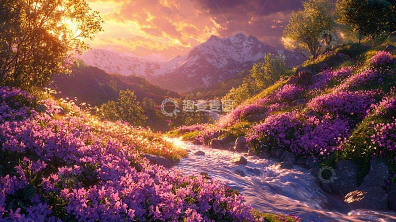 高清大图下载【趣麦麦图】日落山川花海溪流