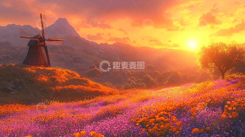 高清大图下载【趣麦麦图】日落时分的风车田野