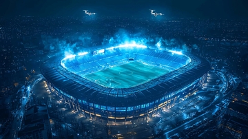 夜空下蓝色灯光照耀的足球场