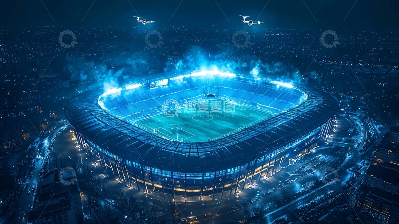 高清大图下载【趣麦麦图】夜空下蓝色灯光照耀的足球场
