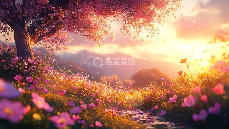 高清大图下载【趣麦麦图】梦幻般日落下的粉色花田