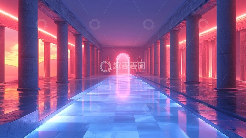 高清大图下载【趣麦麦图】霓虹灯柱廊水中倒影