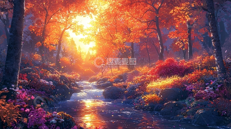 高清大图下载【趣麦麦图】秋日森林金色阳光小溪