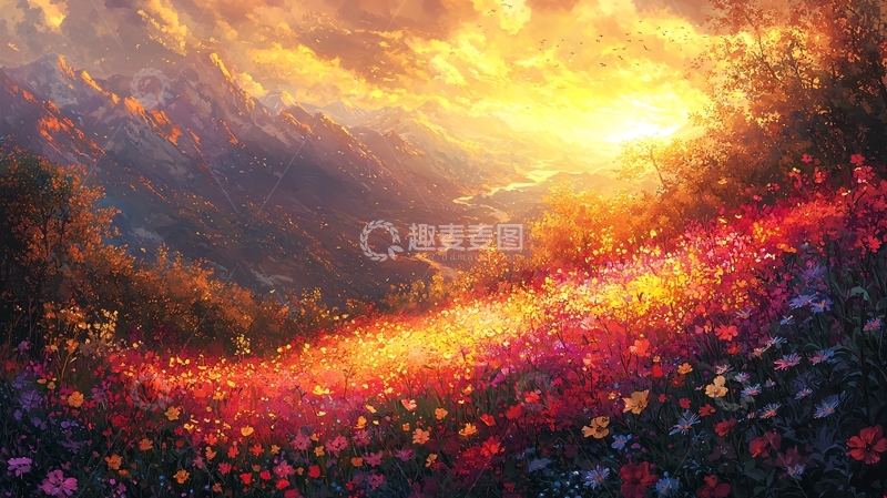 高清大图下载【趣麦麦图】燃烧的落日下的花海山谷