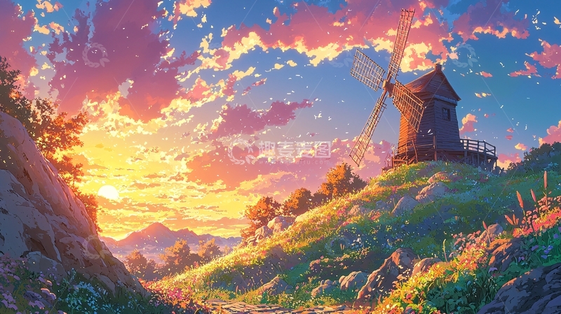 高清大图下载【趣麦麦图】梦幻夕阳风车田园