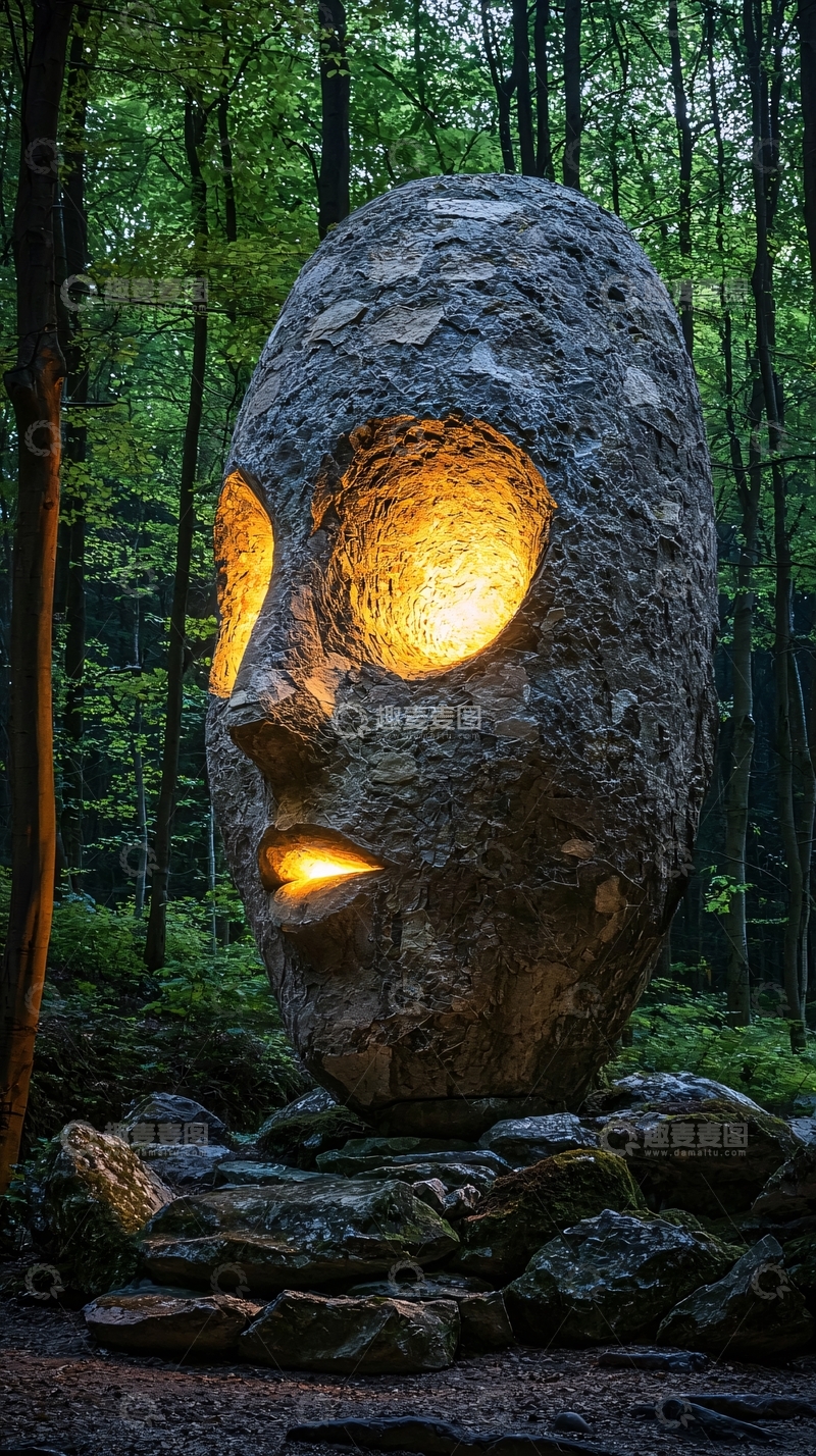 高清大图下载【趣麦麦图】森林石雕人脸