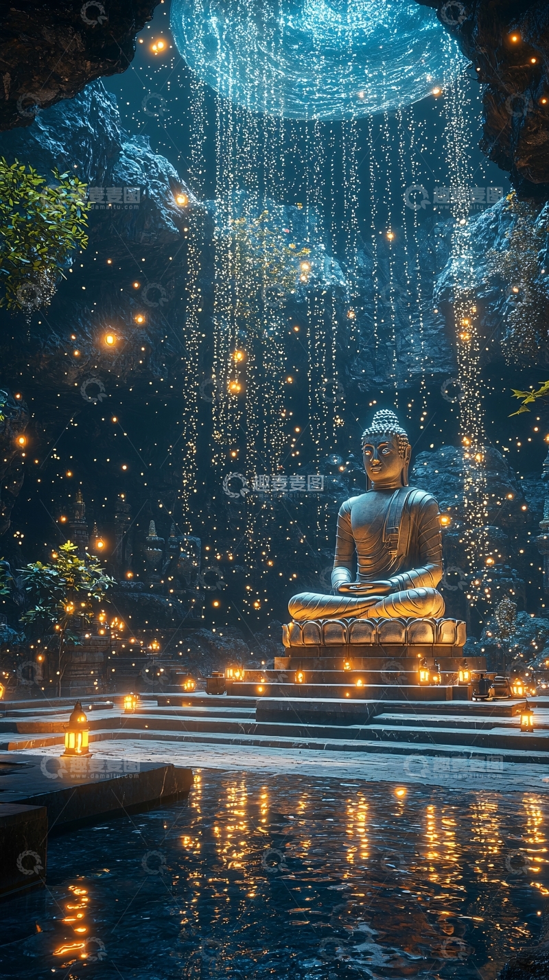 高清大图下载【趣麦麦图】洞穴中打坐的金色佛像